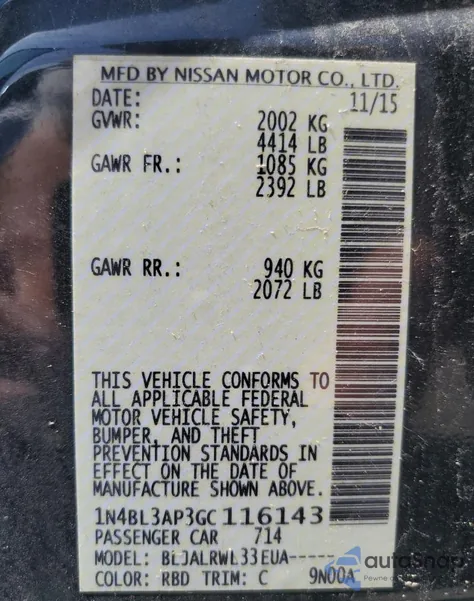 2016 Nissan Altima 3.5Sl из США, поврежденный, VIN 1N4BL3AP3GC116143